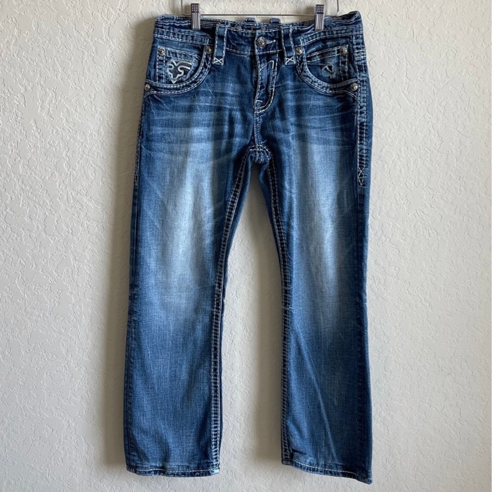 Rock Revival Blue Bootcut Jeans with Distressed Detailing